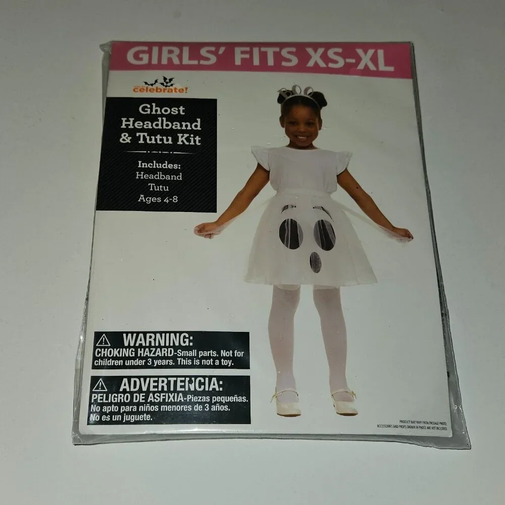 NEW Ghost Headband Tutu Kit Halloween Costume Girls One Size Fits XS-XL Ages 4-8